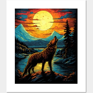 wolf howling at moon Posters and Art